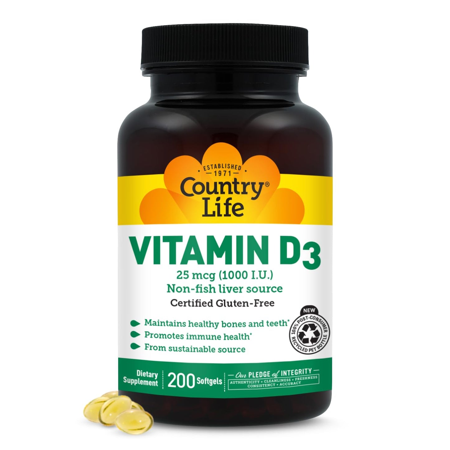 Country Life Vitamin D3 1000 IU (25 mcg) Softgels, 200 Count