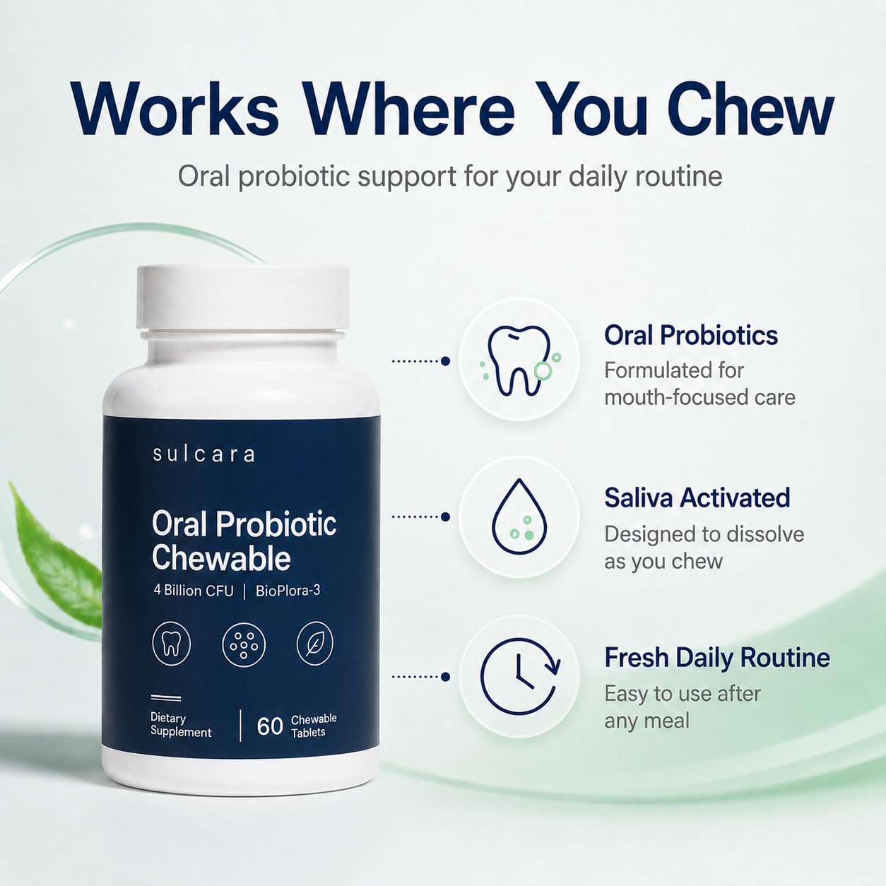Pwkvsn Sulcara Oral Probiotic Chewables, Guava Xylitol Flavor Oral Care for Fresh Breath and Daily Mouth Routine, Non-GMO, Gluten-Free, 60 Chewables