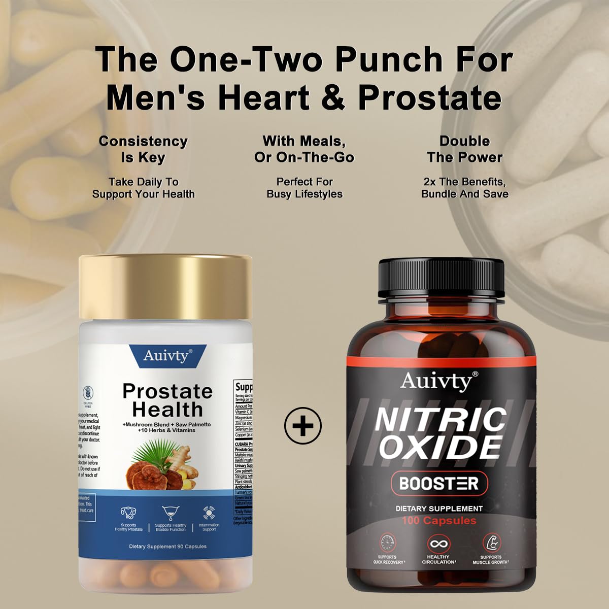 Auivty Prostate Health and Nitric Oxide Booster Bundle with Saw Palmetto Mushroom Blend, 190 Capsules