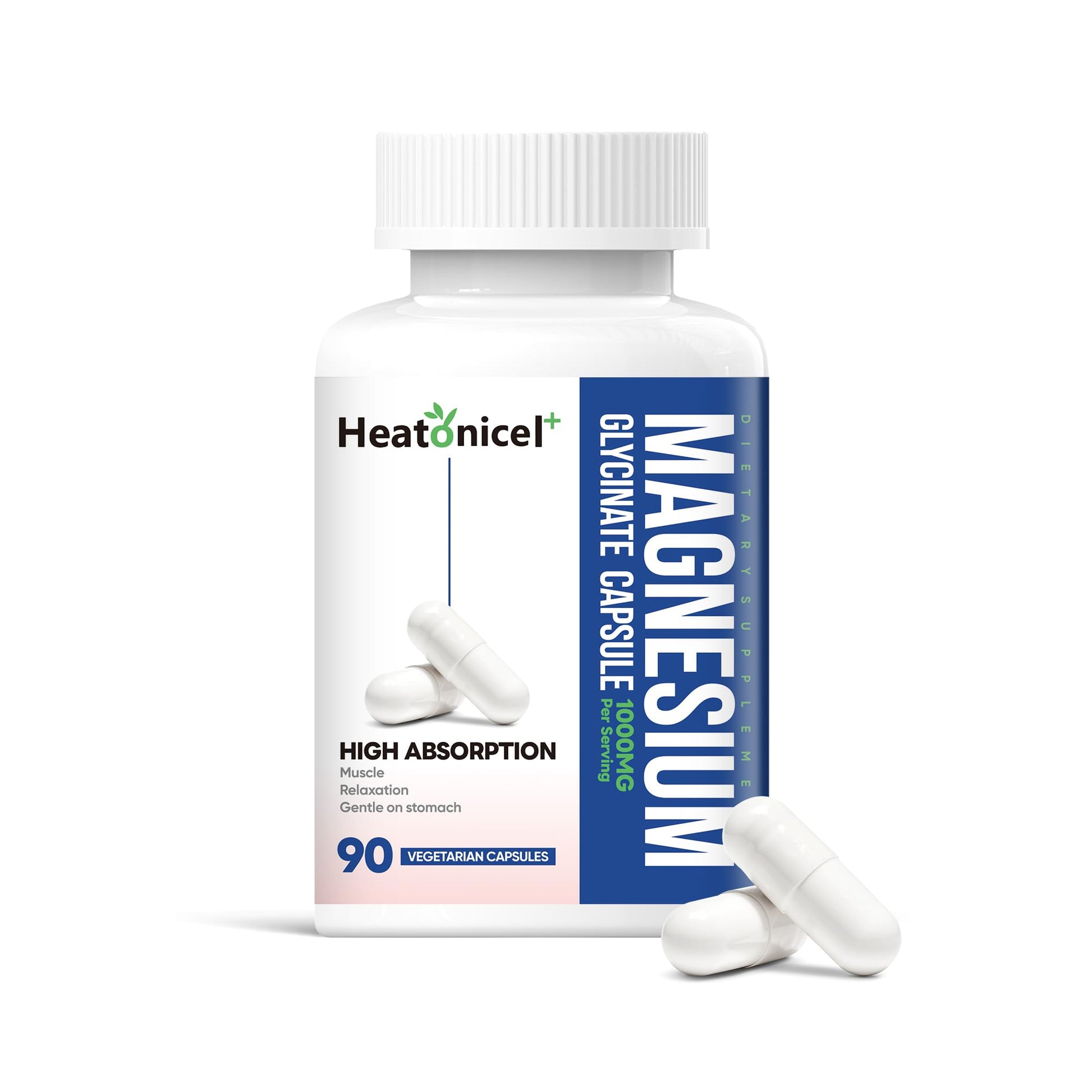 Heatonicel Magnesium Glycinate 400mg Capsules, Chelated Gentle Supplement for Stress Relief, Heart & Muscle Support, Non-GMO & Gluten Free, 90 Capsules