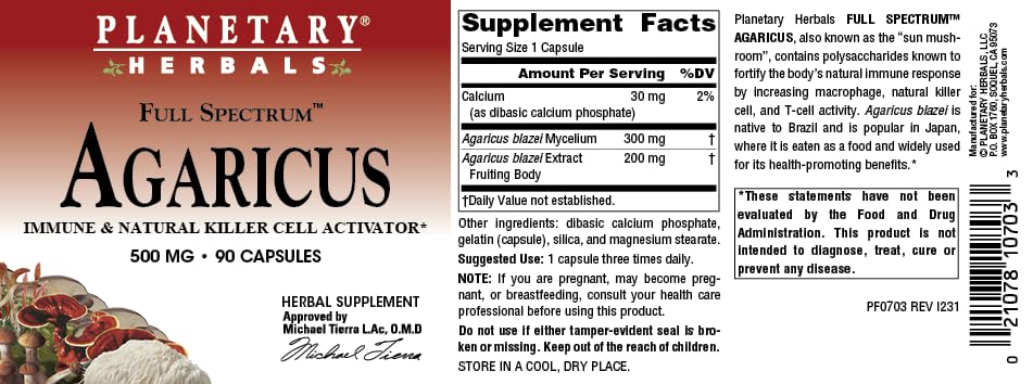 Planetary Herbals Agaricus Full Spectrum 500mg, 90 Capsules
