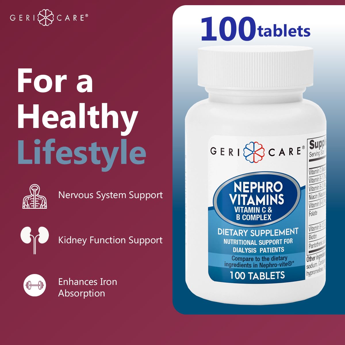 GeriCare Nephro Vitamin C & B Complex Tablets, 100 Count