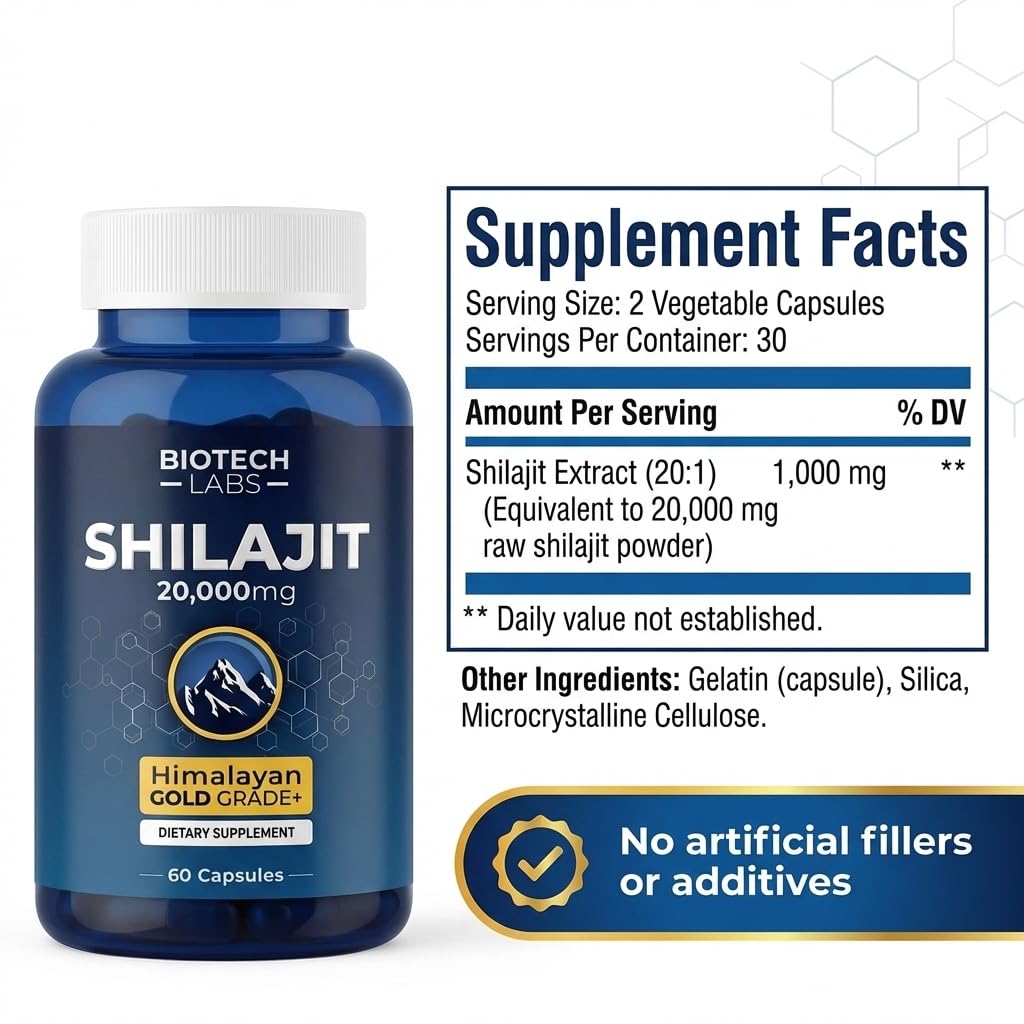 Generic Biotech Labs Shilajit 20,000mg – Gold Grade Himalayan Extract Capsules, 60 Count