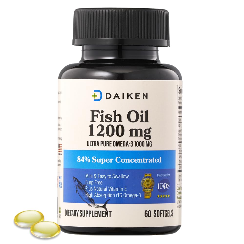 DAIKEN Mini Fish Oil 1200 mg, rTG Omega-3 1000 mg Softgels, 60 Count