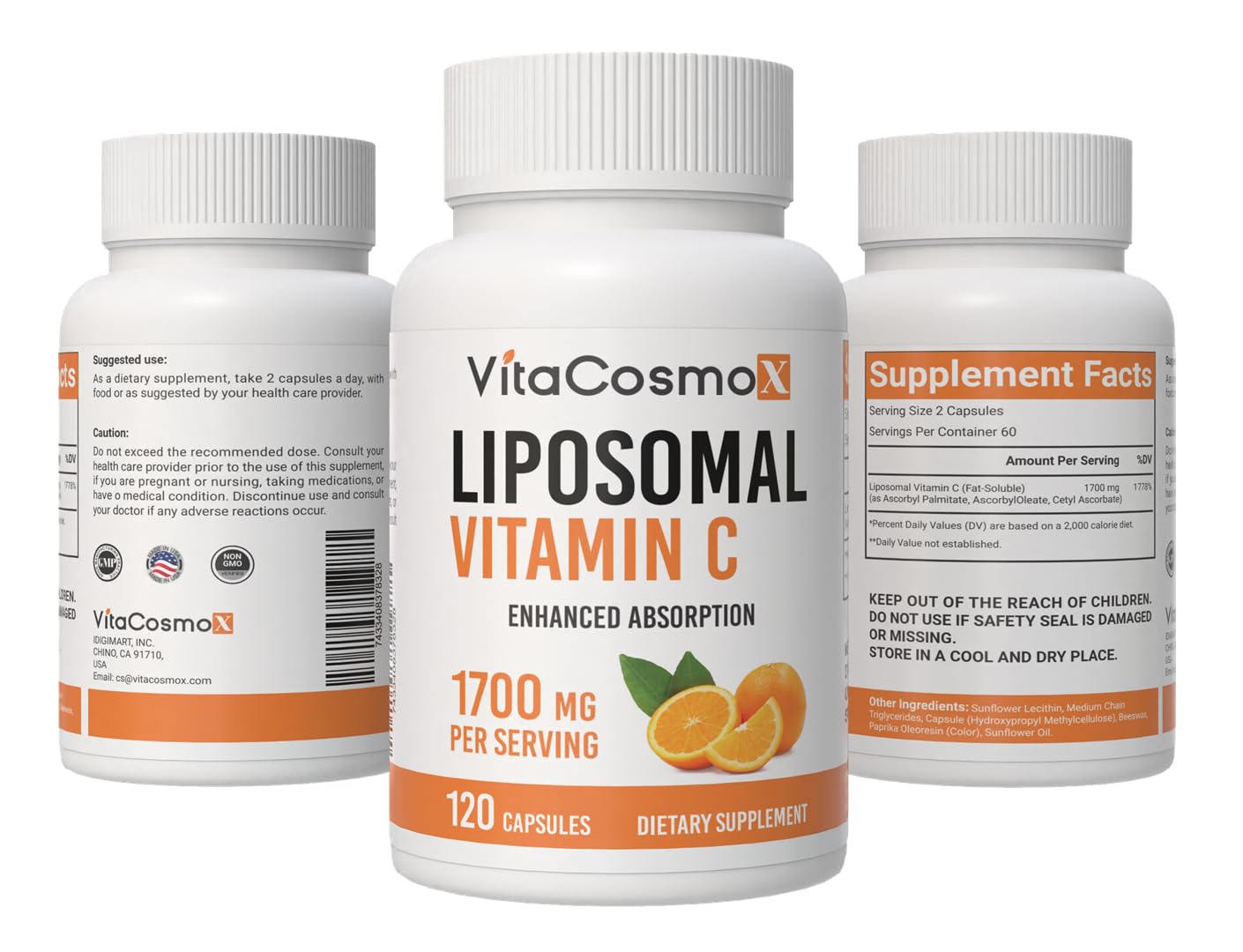 VitaCosmoX Liposomal Vitamin C Sunflower Lecithin Supplement, 120 Capsules