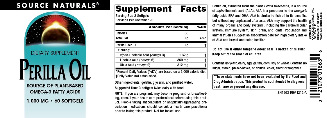 Source Naturals Perilla Oil Source of Plant-Based Omega-3 Fatty Acids, 1000 mg Softgels, 60 Count