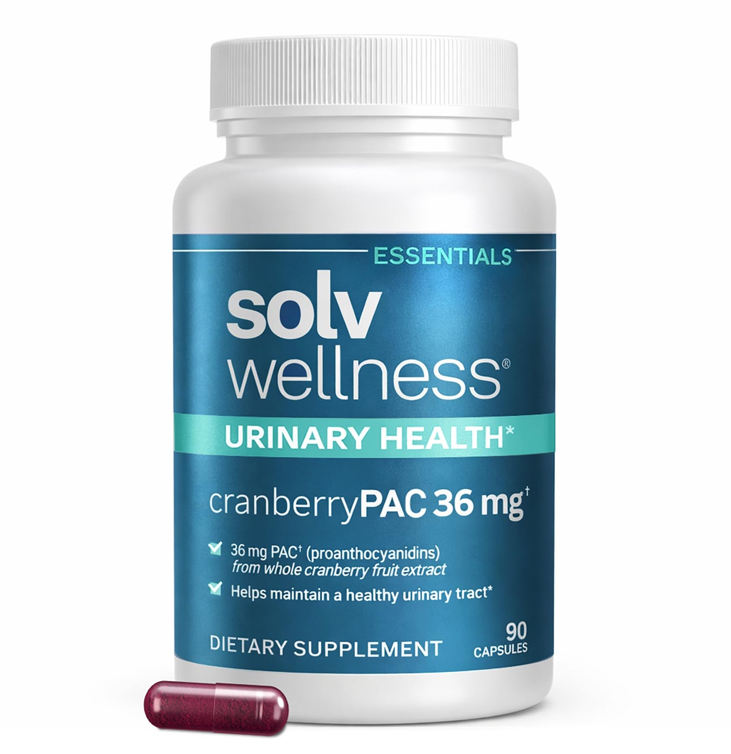 Solv Wellness Urinary Health 36 mg Cranberry PAC Whole Cranberry Fruit Extract Daily Urinary Tract Health Support Capsules, 90 Count