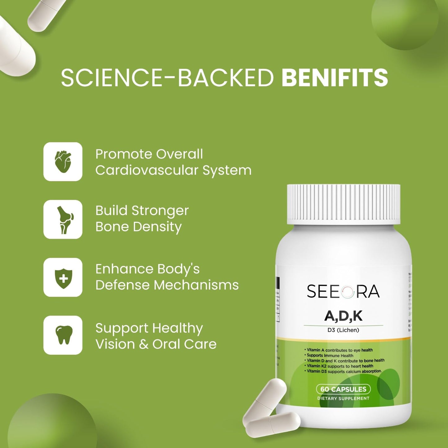SEEORA Vitamin ADK Supplement High Potency Vitamins A, D3 & K2 Capsules, 60 Capsules
