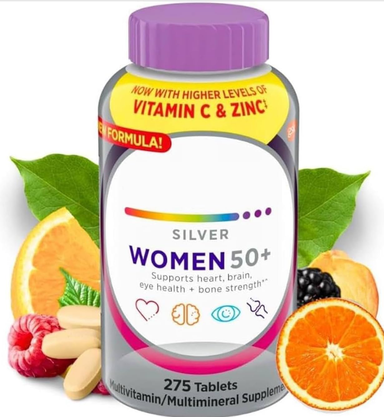 Generic Silver Women 50+ Multivitamin with Vitamin C and Zinc, Heart Brain Eye and Bone Support Supplement, 275 Tablets