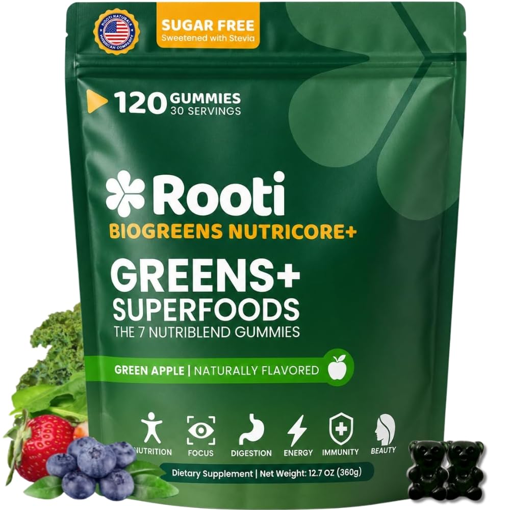 ROOTI Supergreens Multivitamin Gummies - Pre & Probiotics, Gut Health, 120 Gummies