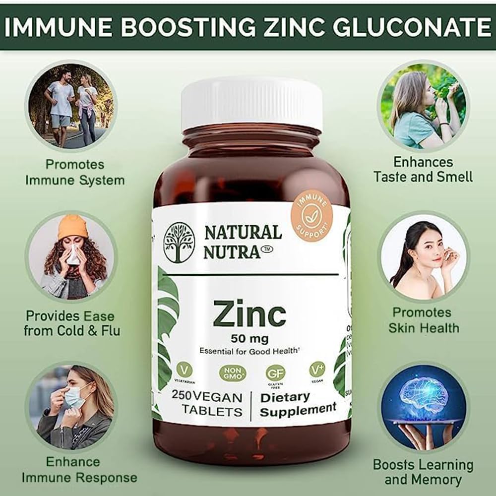 Natural Nutra Zinc Gluconate 50mg Tablets, 250 Vegan Tablets