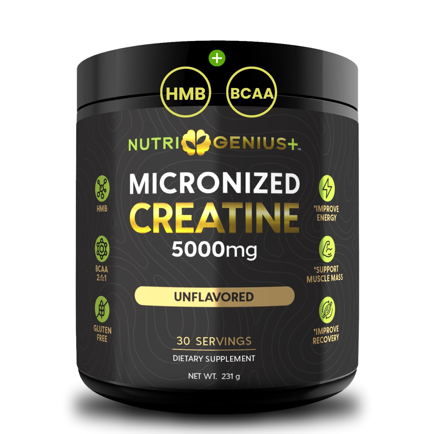 Nutrigenius Creatine Powder Micronized with BCAAs and HMB, Magnesium Malate, Unflavored, 9.94 oz