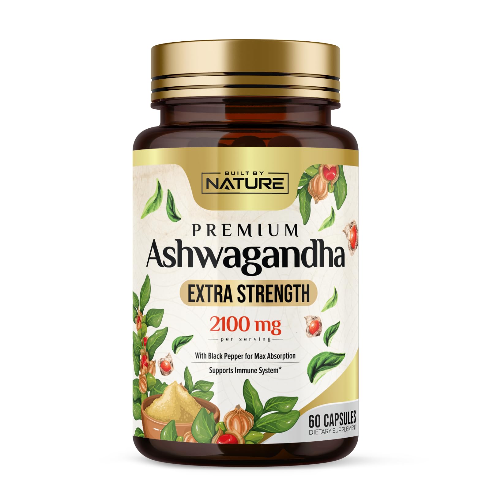 Built by Nature Ashwagandha 2100mg Extra Strength Stress Relief & Mood Support with Black Pepper Extract for Max Absorption Capsules, 60 Count