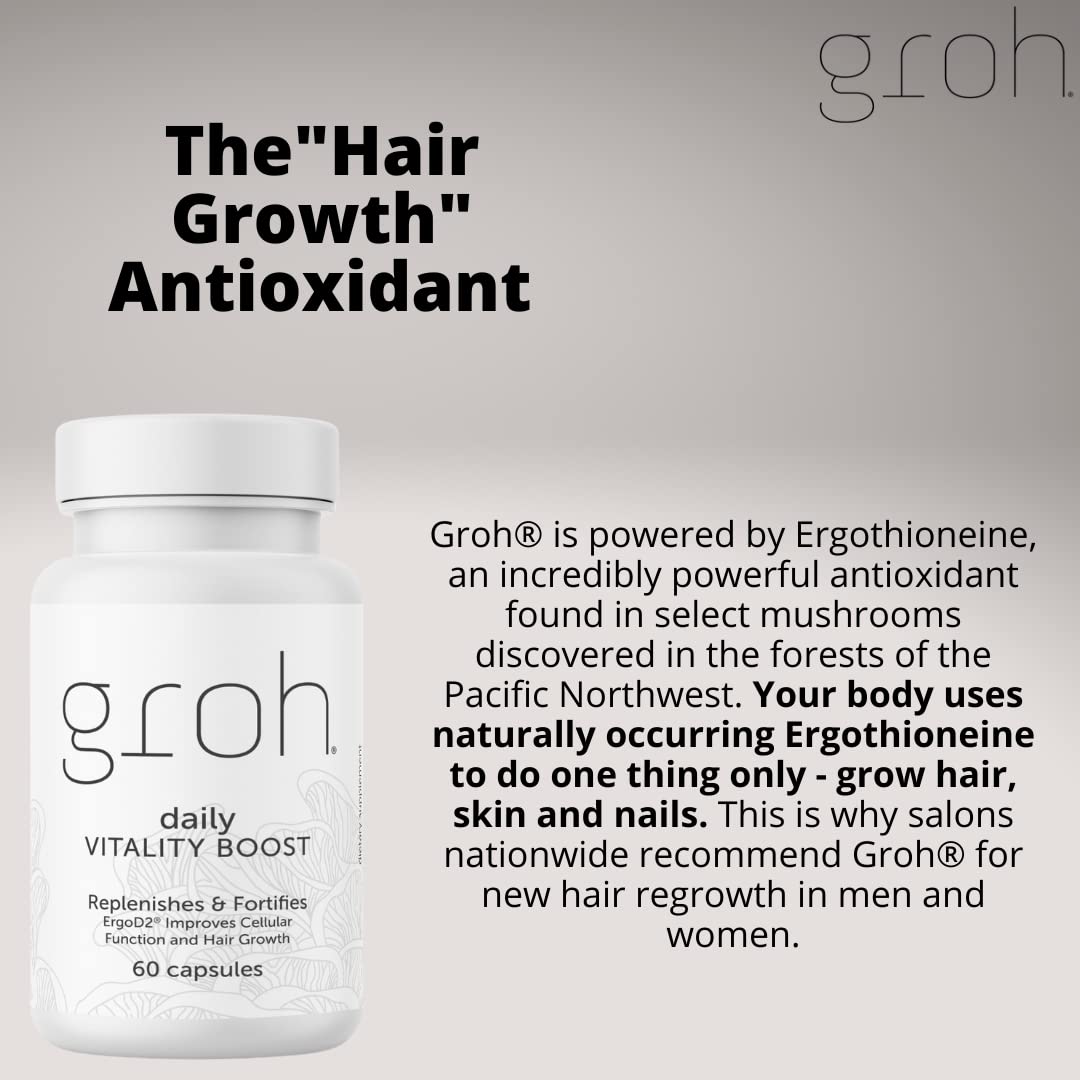 GROH Daily Vitality Boost All Natural Hair Growth Supplement Powered by ErgoD2 Capsule 60 Count