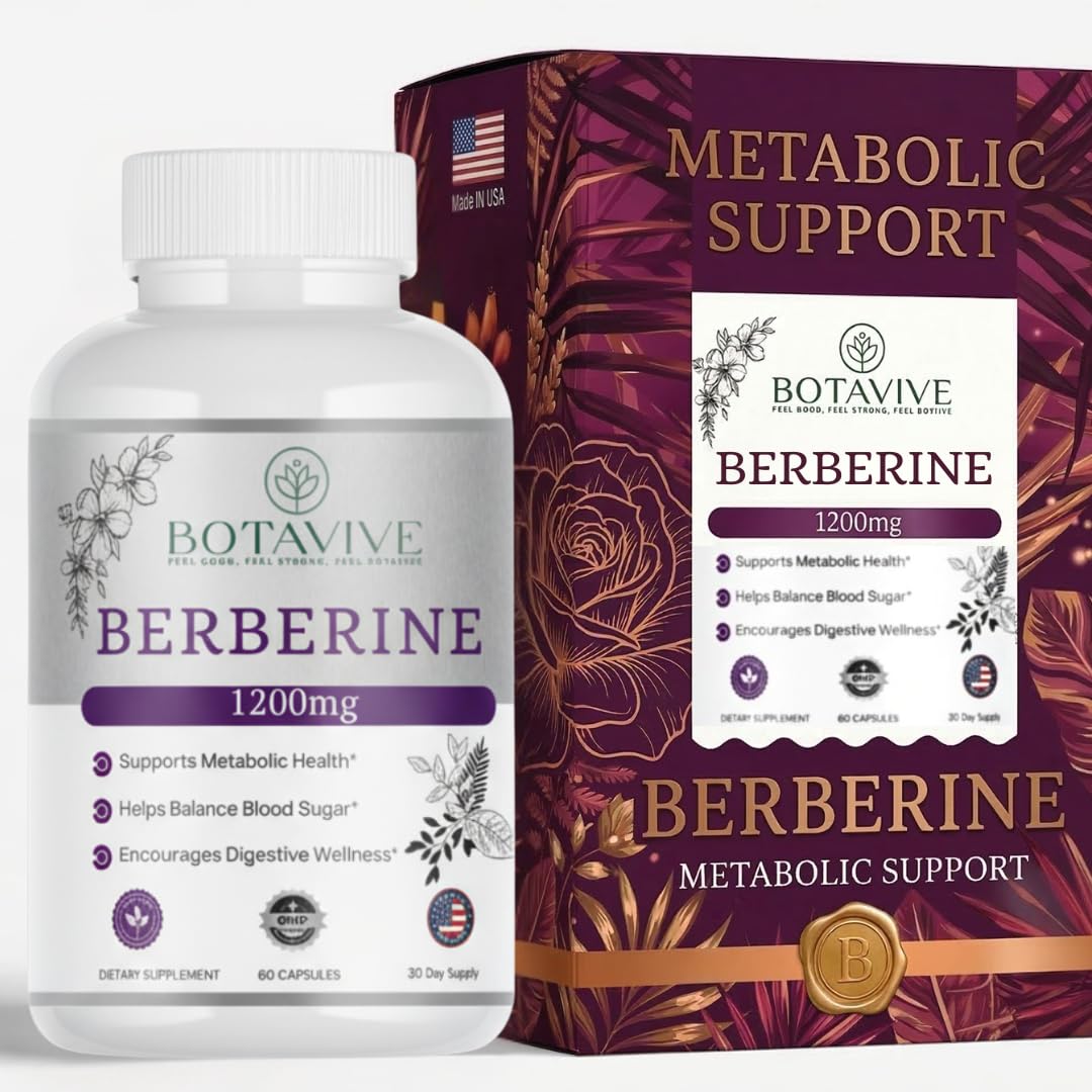 Botavive Berberine HCl 1200mg AMPK Metabolic Activator for Women Blood Sugar and Gut Health Support Perimenopause Supplement Non-GMO Gluten-Free Vegetarian 60 Capsules