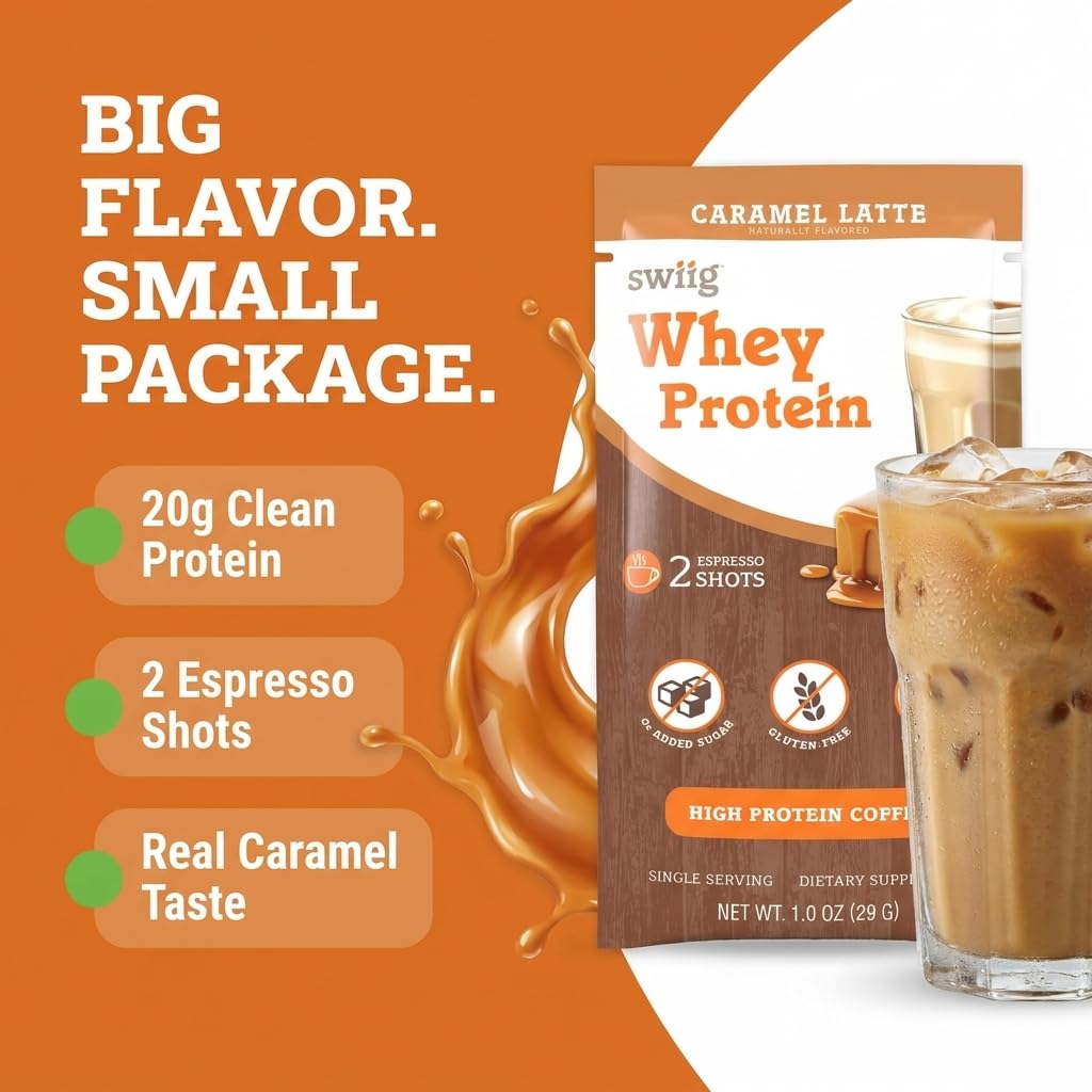 swiig Whey Protein Powder Caramel Latte Single-Serve Packets 10 Count