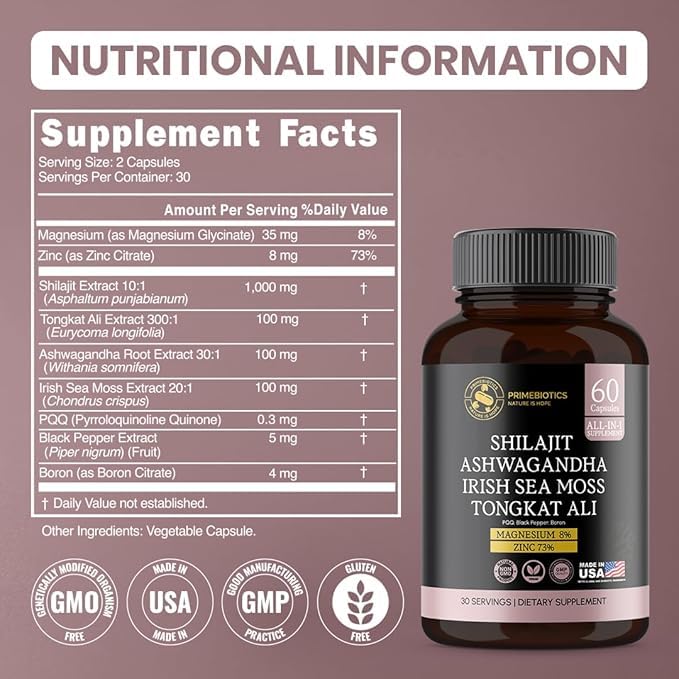PrimeBiotics All-in-1 Shilajit Supplement with Ashwagandha, Irish Sea Moss, Tongkat Ali, Black Pepper Extract, Boron, Magnesium and Zinc for Men & Women, Capsules, 60 count