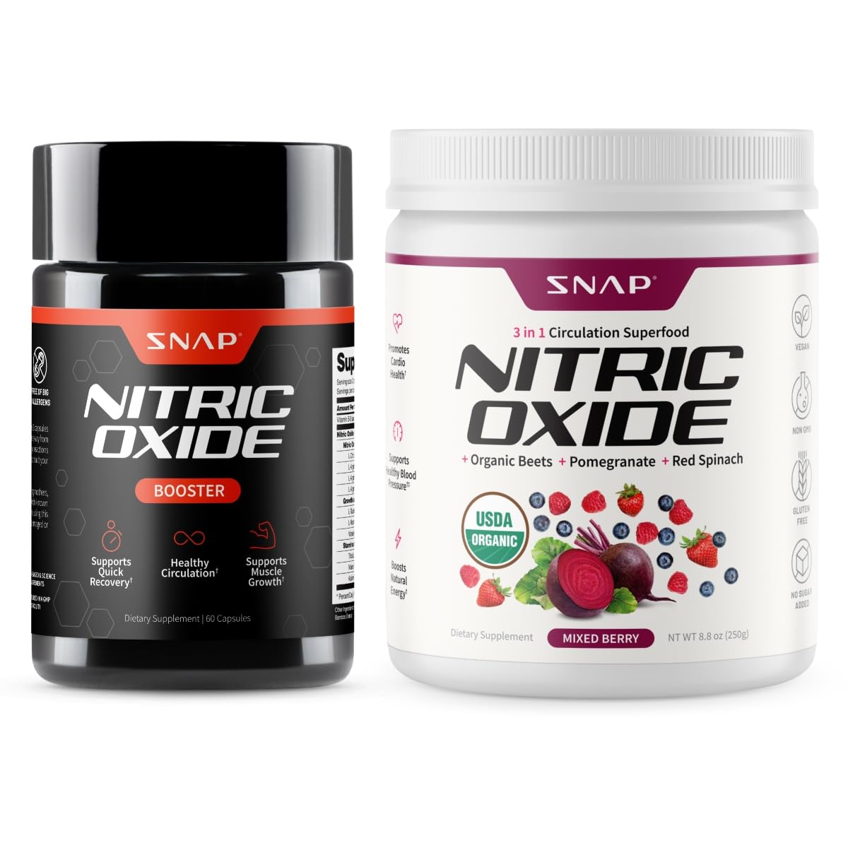 Snap Supplements Nitric Oxide Booster + Nitric Oxide Beets Mixed Berry Bundle Powder, 1
