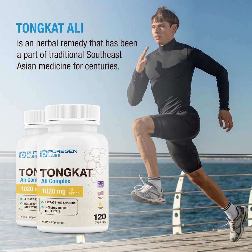 Puregen Labs Tongkat Ali Extract 200 to 1 for Men, 1020mg per Serving, High Potency with 20mg Tribulus Terrestris, 120-Count Capsules