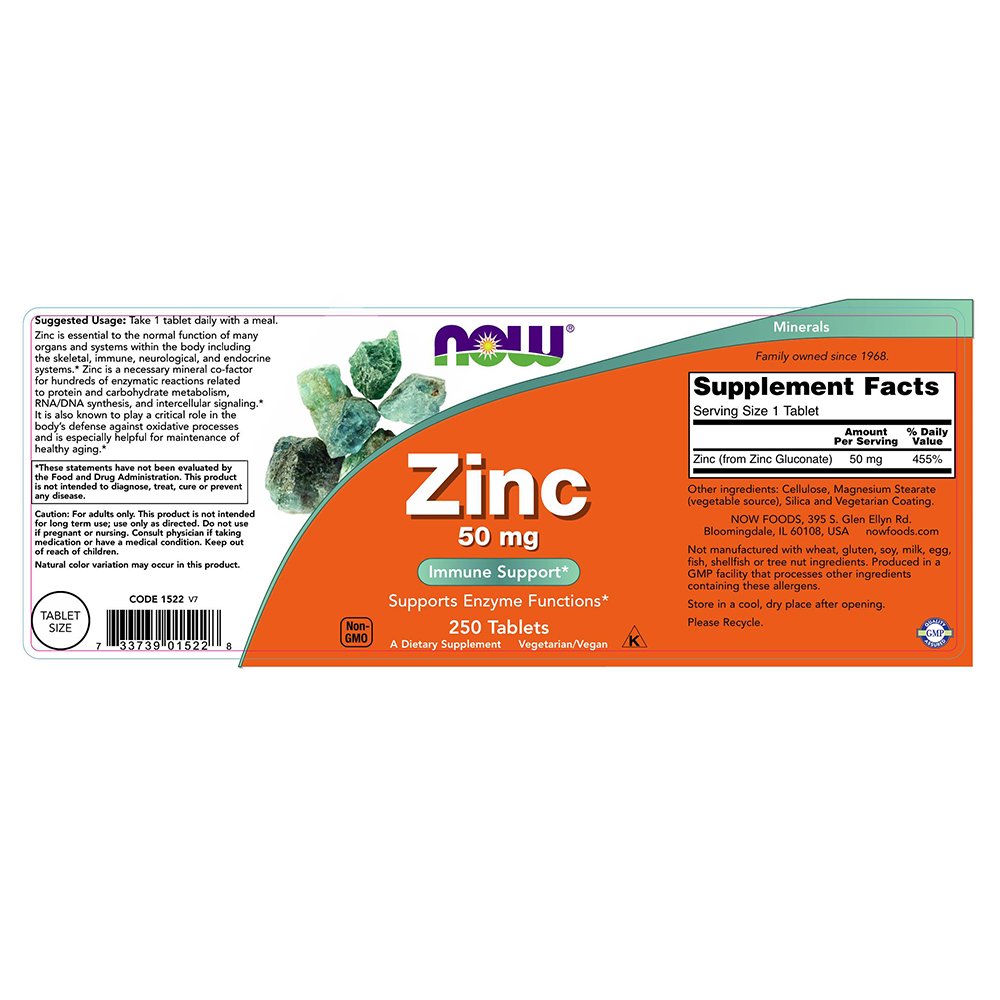 NOW Foods Zinc Gluconate 50 mg Tablets, 250 Count