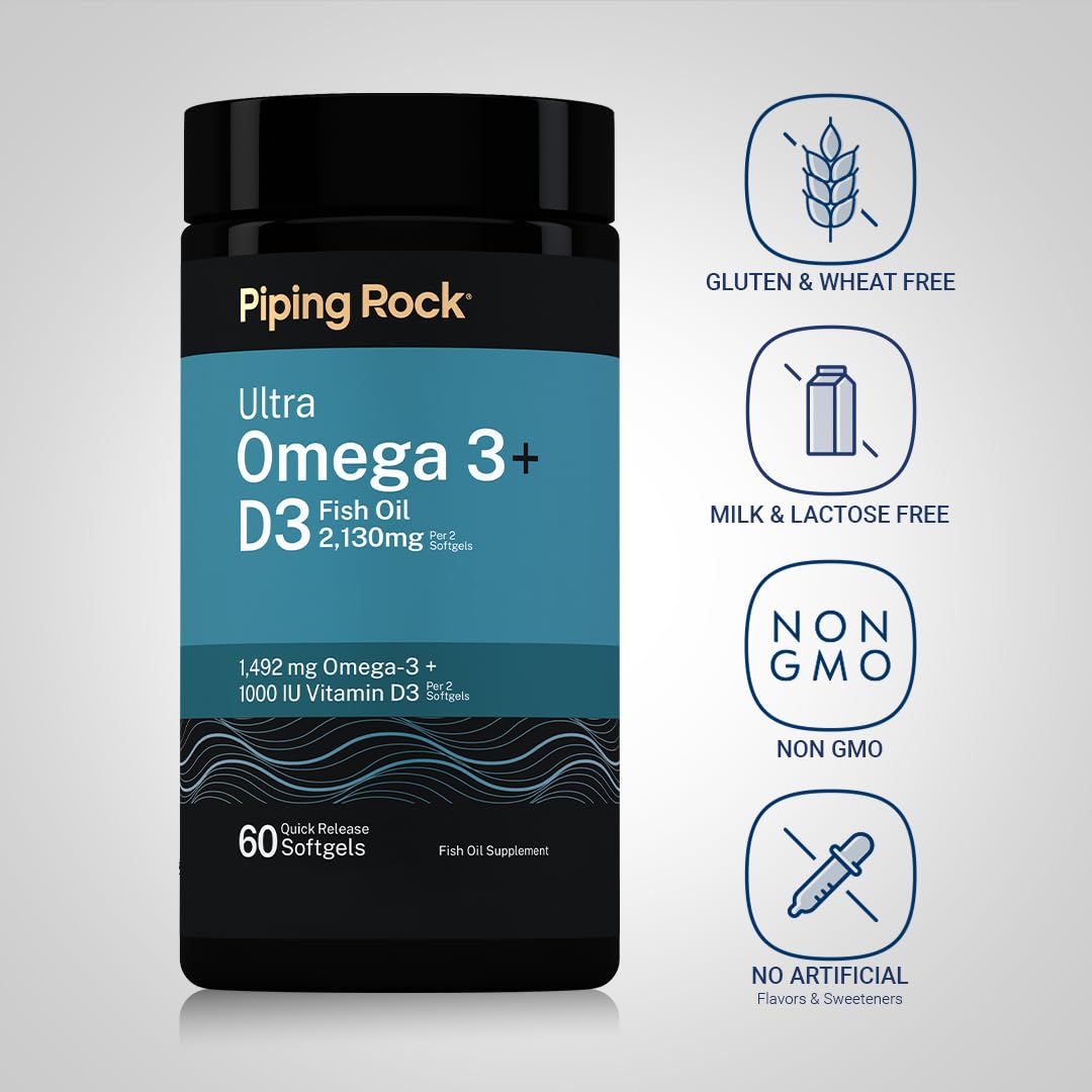Piping Rock Ultra Omega 3 + D3 Softgels, 60 Count