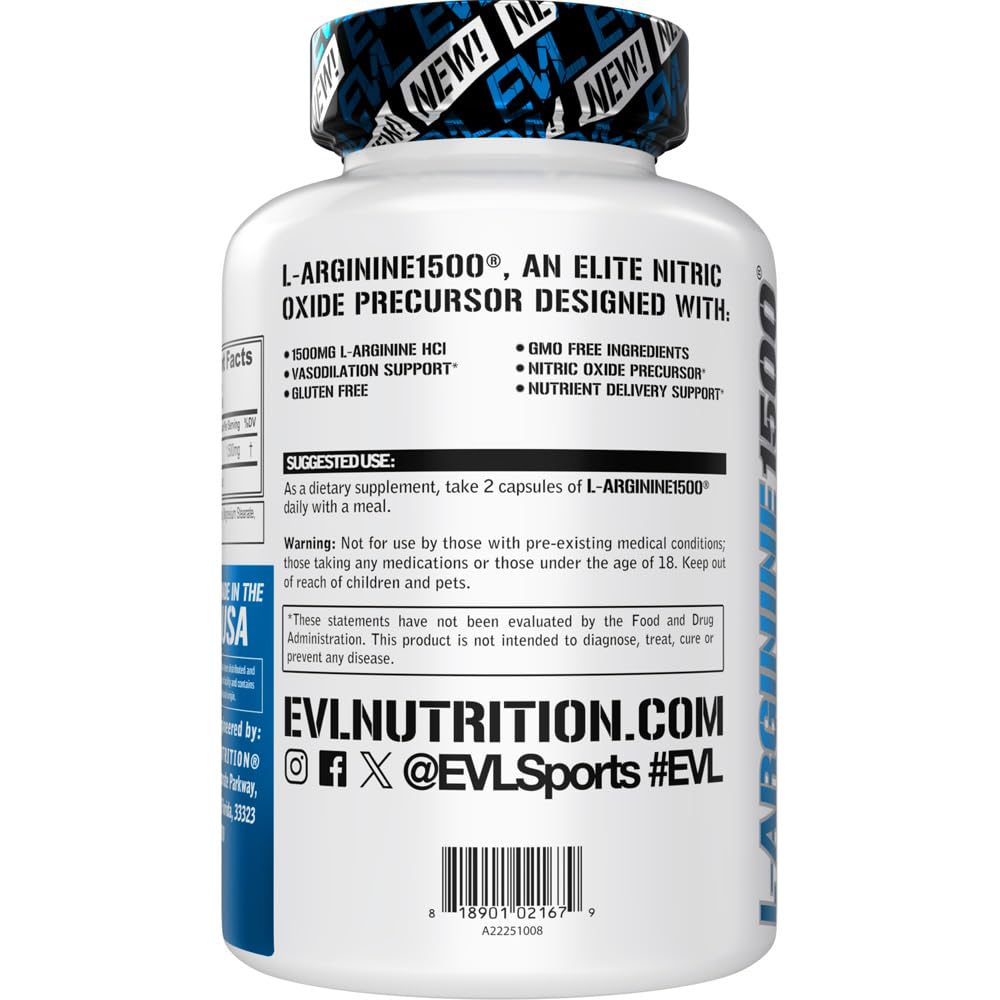 Evlution Nitric Oxide Booster L-Arginine Supplement, Capsule, 100 Count