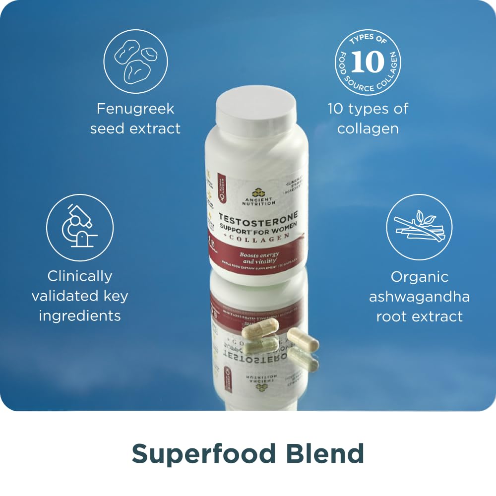 Ancient Nutrition Testosterone Support + Collagen Supplement with Hydrolyzed Collagen Peptides, 90 Capsules