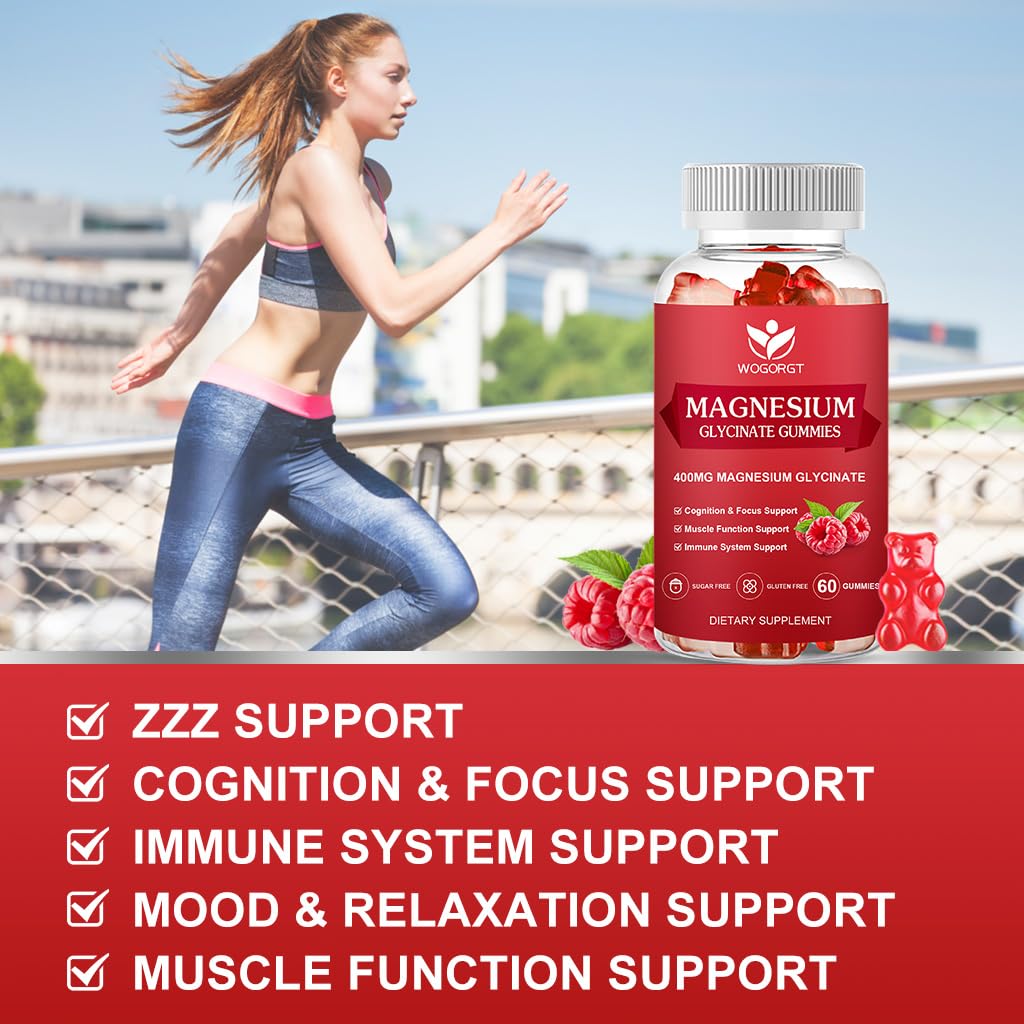 WOGORGT Magnesium Glycinate Gummies with Magnesium Malate, Vitamin D, B6, and CoQ10, 60 Gummies