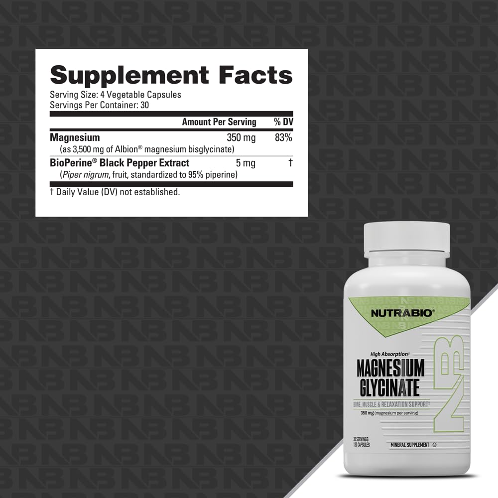 NutraBio Magnesium Glycinate Capsules 350 mg, 120 Count