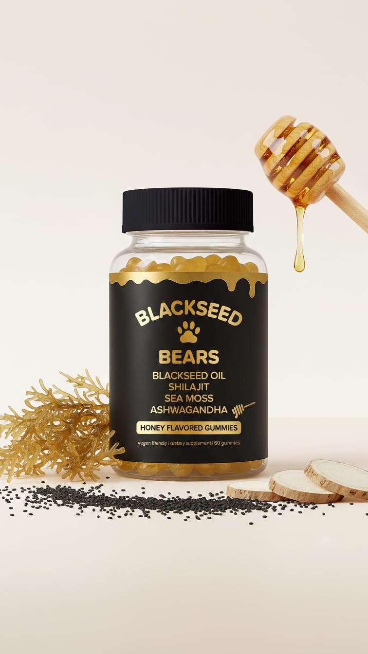 Curvy Body Bears Blackseed Bears Black Seed Oil, Shilajit, Sea Moss & Ashwagandha Gummies – Honey Flavor, 60 Gummies