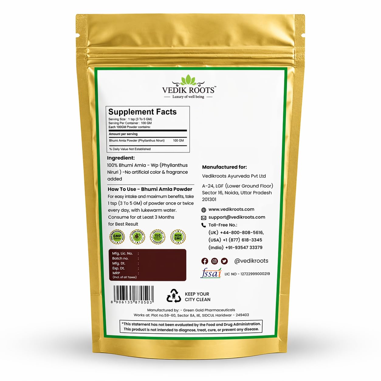 VEDIKROOTS Organic Bhumi Amla Powder 7.0548 Ounces