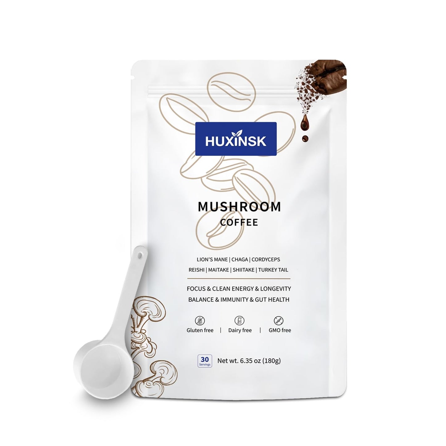 HUXINSK Organic Mushroom Coffee Instant Coffee with Lion’s Mane, Reishi, Cordyceps, Collagen, β-Glucan (Prebiotic) Powder 6.35 oz