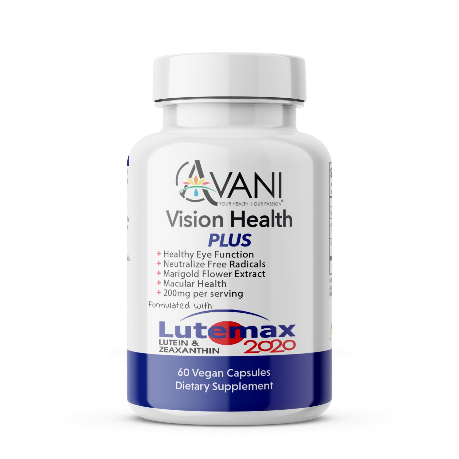 Avani Health Vision Health Plus Eye Health Made with Lutemax 2020 20mg Lutein 4mg Zeaxanthin 60 Capsules
