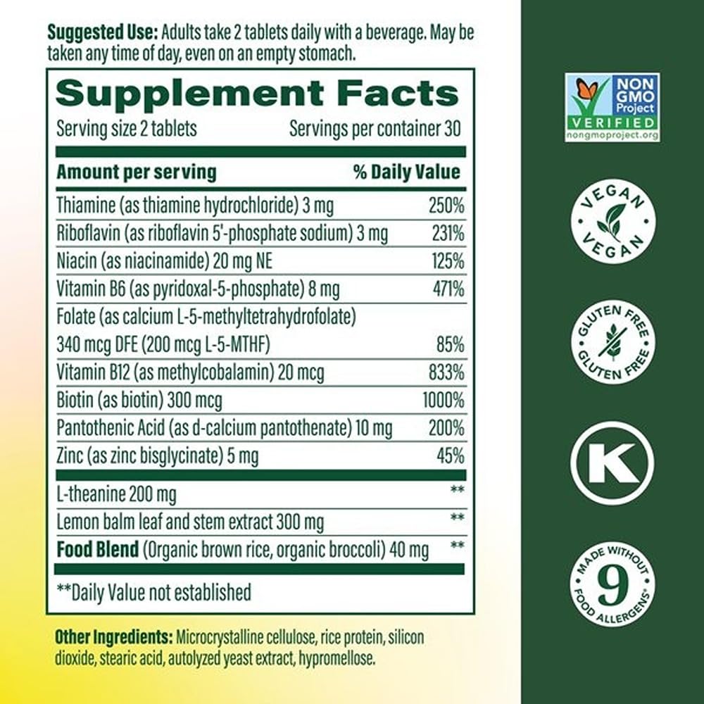 MegaFood L-Theanine & Vitamin B Complex with Vegan B12, B6, Folate, Biotin & More - 200 mg L-Theanine Supplement - B Complex Vitamins for Women & Men - Plus Lemon Balm & Zinc - 60 Tablets
