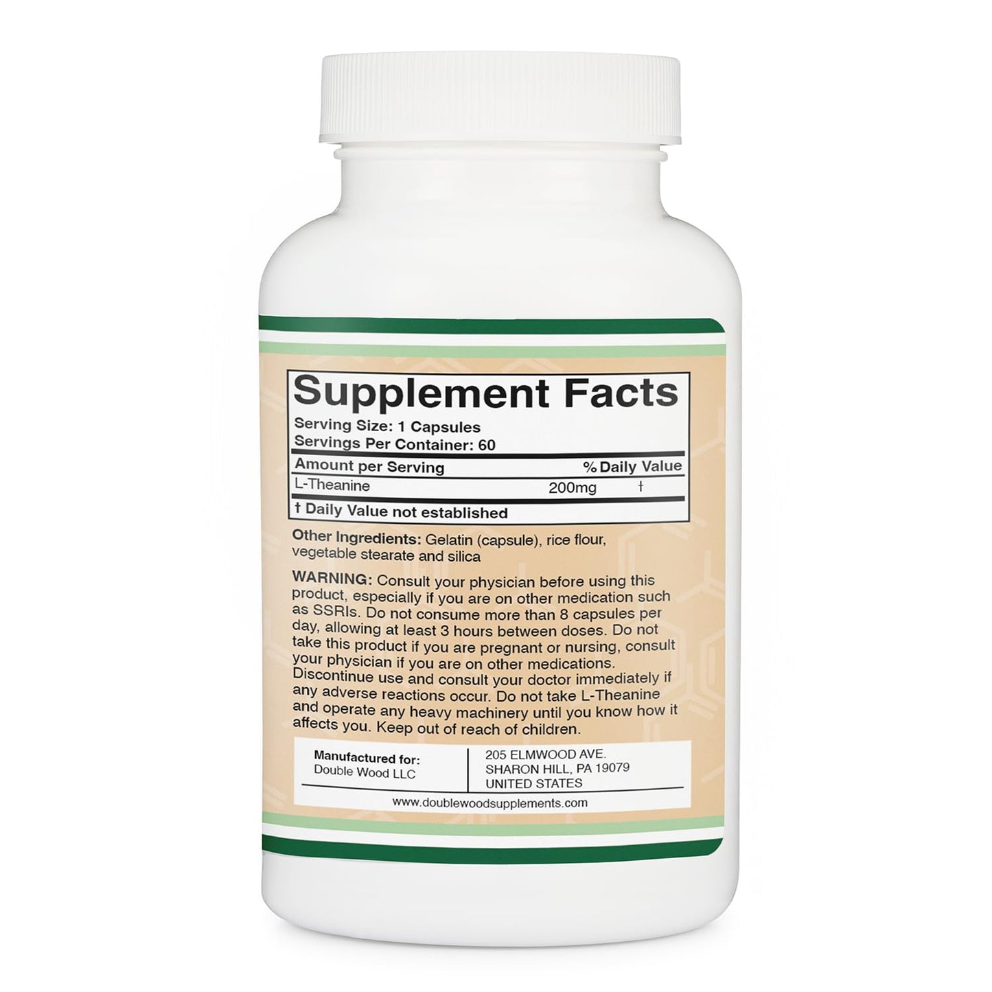 Double Wood Supplements L-Theanine 200mg, Calm, Restful Sleep & Focus, 60 Capsules