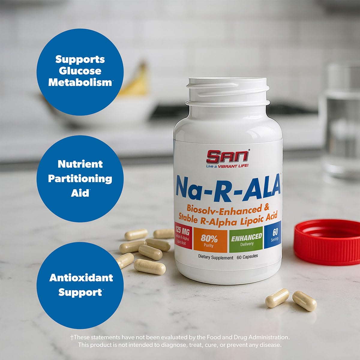 SAN Na-R-ALA Stabilized R-Alpha Lipoic Acid 125mg per Serving Capsules, 60 Count