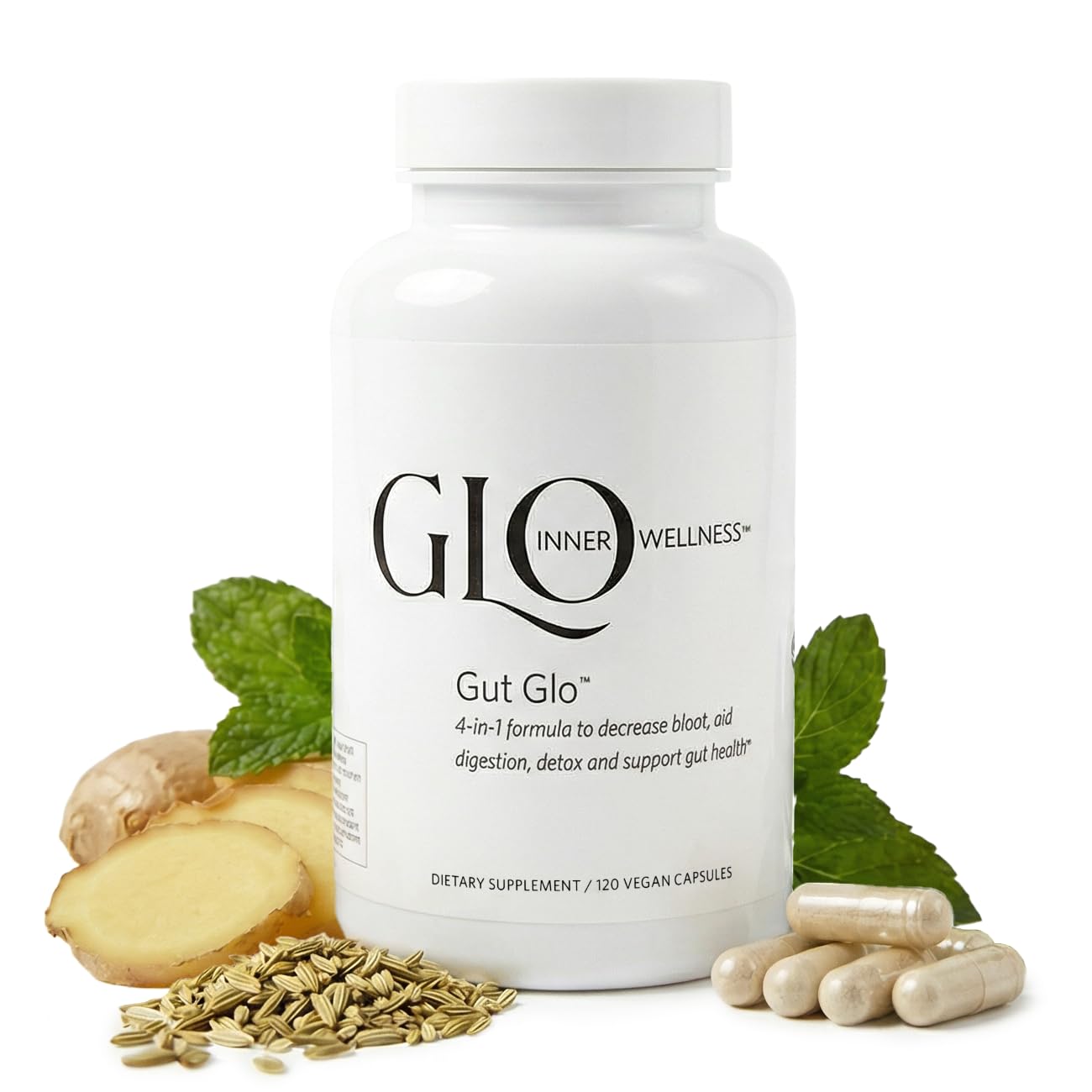 GLO Inner Wellness Gut Health Supplements, Natural Bloating Relief, Digestion & Constipation Aid, 4-in-1 Probiotics, Digestive Enzymes, Magnesium & Organic Herbs Capsules, 120 Capsules