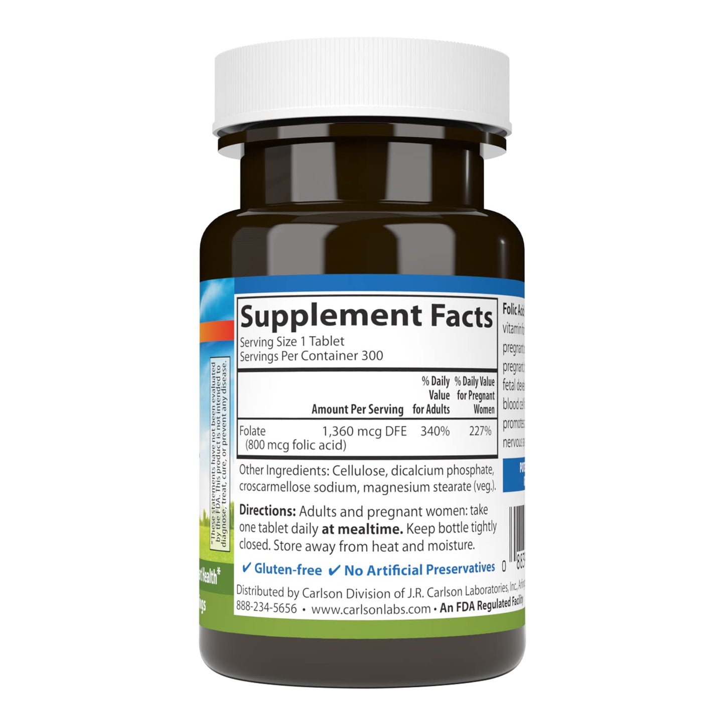 Carlson Folic Acid 800 mcg Tablet, 300 Tablets