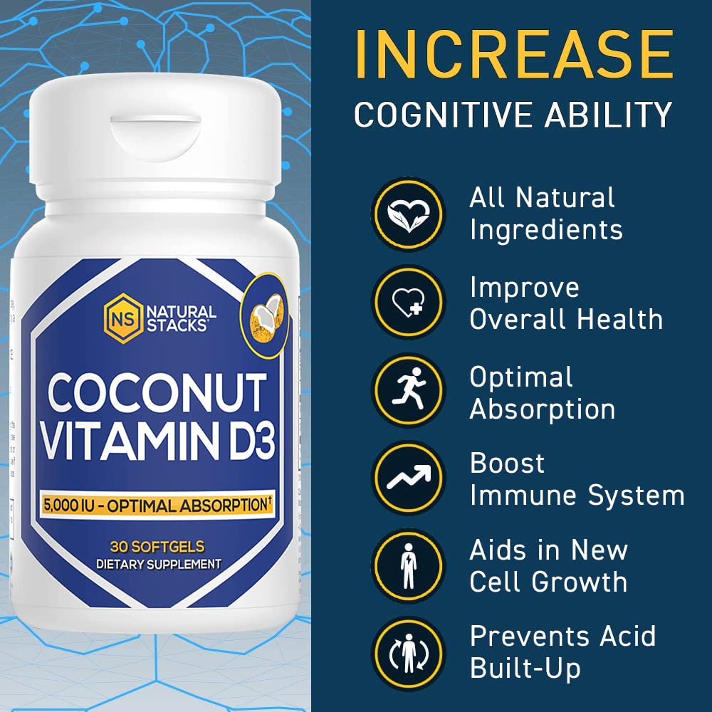 Natural Stacks Vitamin D3 5000 IU with Coconut Oil for Optimal Absorption, Capsules, 30 Count