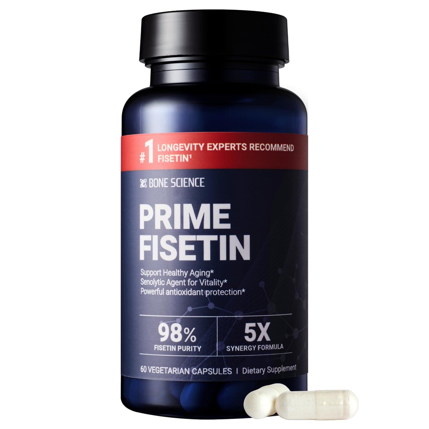 BONE SCIENCE Fisetin 98% Plant-Based Flavonoid Supplement with Chamomile Extract, Trans-Pterostilbene, Phosphatidylcholine, and BioPerine Capsule 60 Count