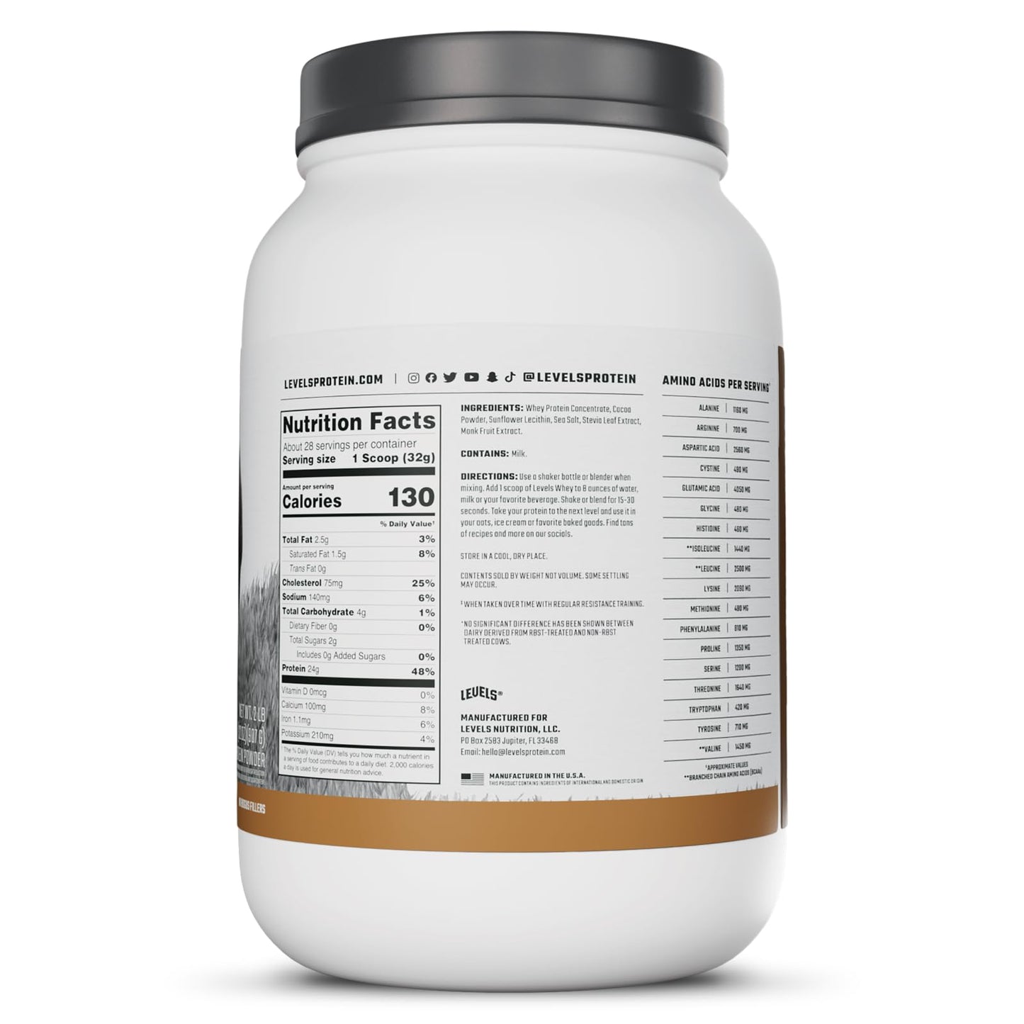 Levels Nutrition Grass Fed Whey Protein Powder, Double Chocolate, 32 Servings