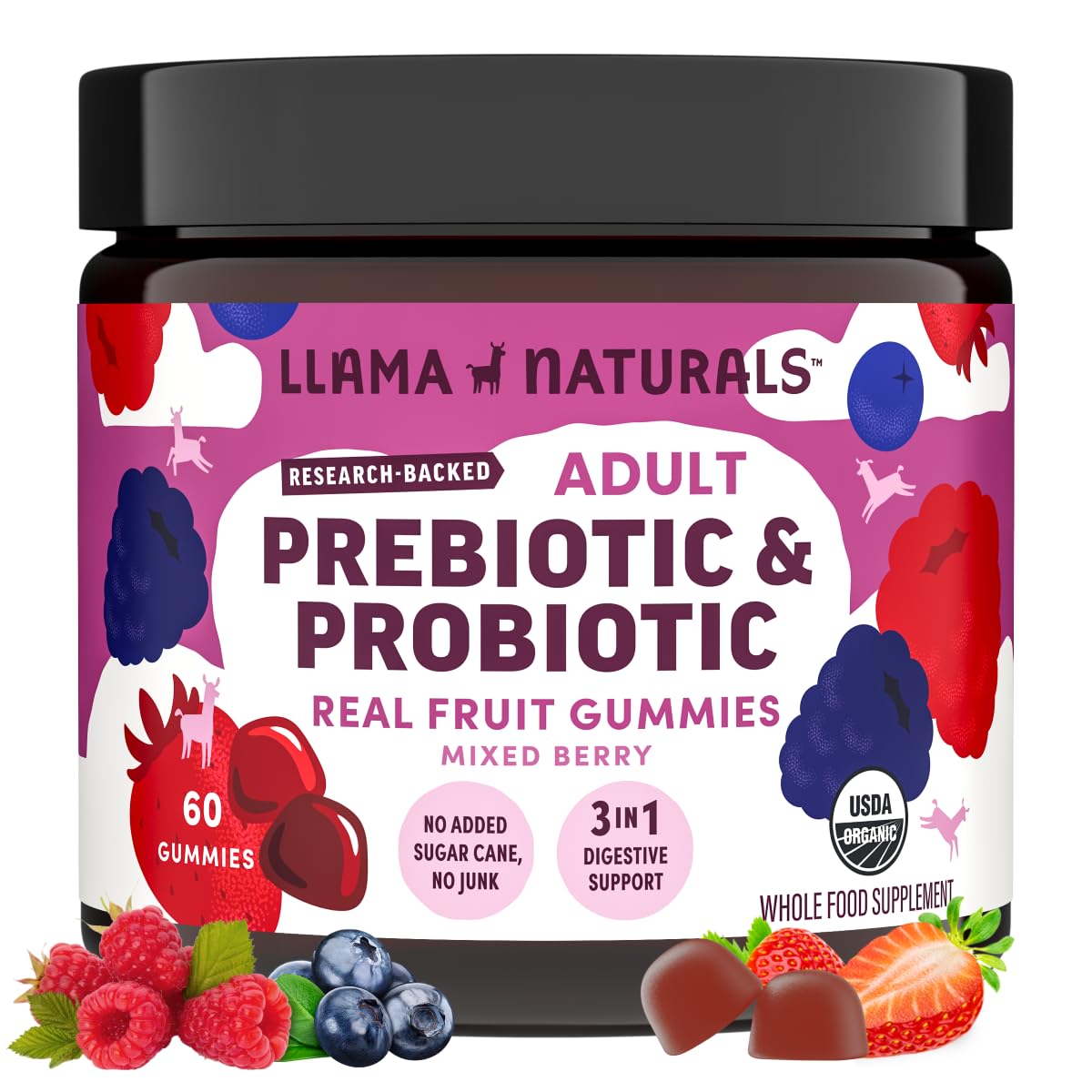 Llama Naturals Probiotics for Women and Men with Prebiotic Fiber, Vegan, Organic Probiotic for Gut Health Support, Real Fruit Vitamins, Mixed Berry Gummies 60 Count