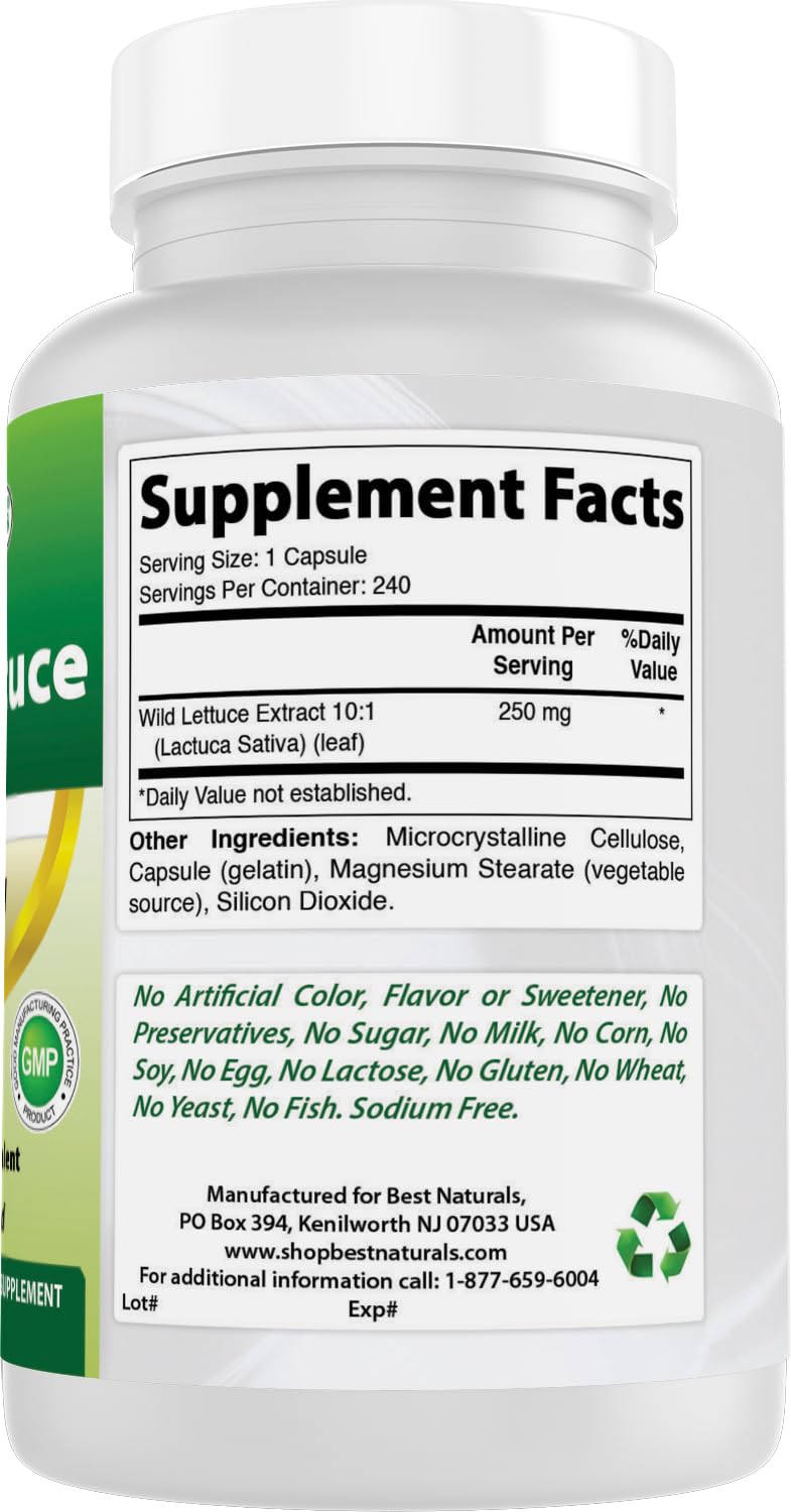 Best Naturals Wild Lettuce 10:1 Extract 250 mg Capsules 240 Count