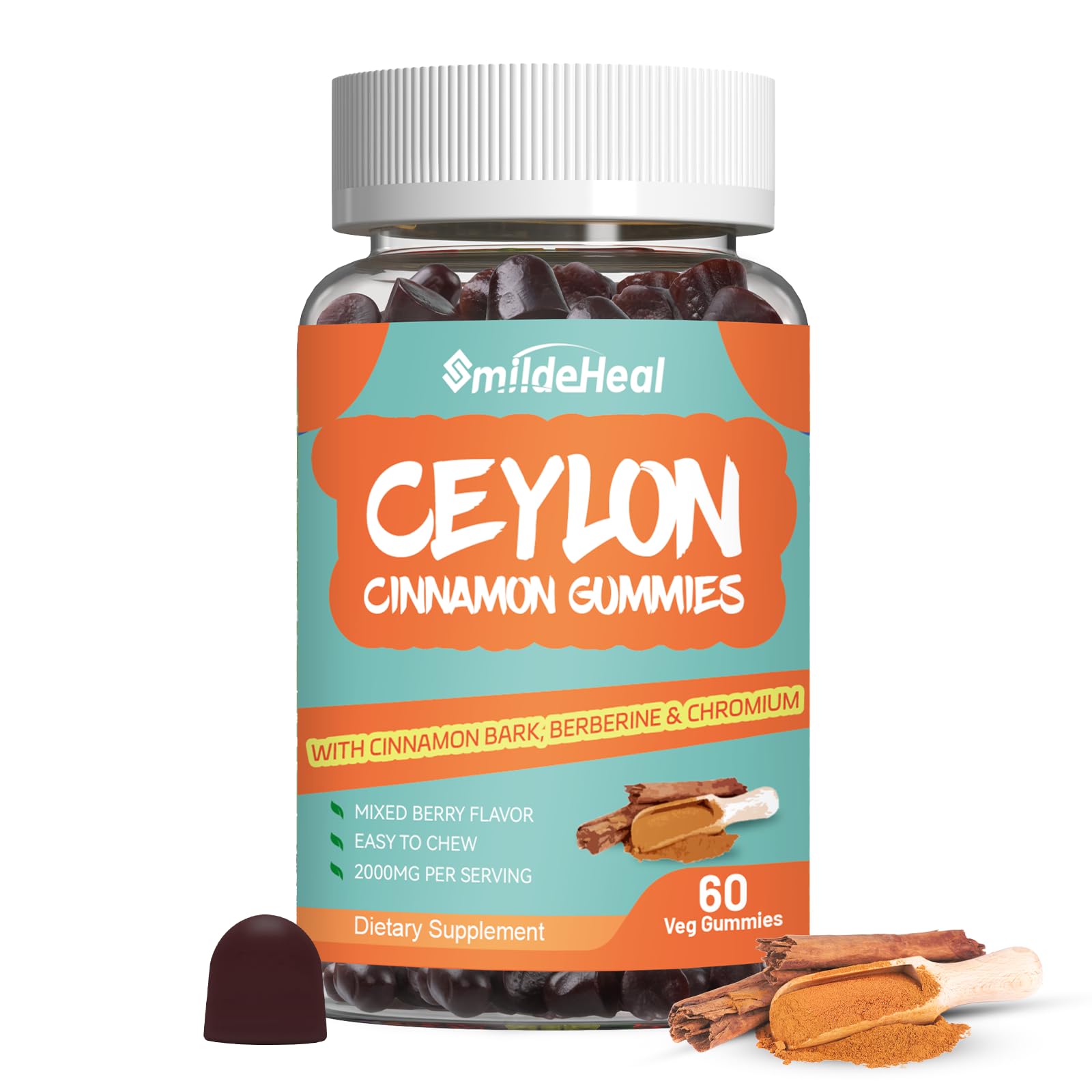 SmildeHeal Sugar Free Ceylon Cinnamon Gummies 2000MG Cinnamon Supplement with Chromium and Cinnamon Bark, Vegan, Non-GMO, Gluten Free, 60 Gummies