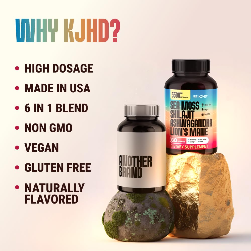 KJHD Shilajit Ashwagandha Gummies with Sea Moss, Beet Root, Lion’s Mane Mushroom & Black Seed Oil – Organic Herbal Superfood Supplement – 120 Vegan Gummies