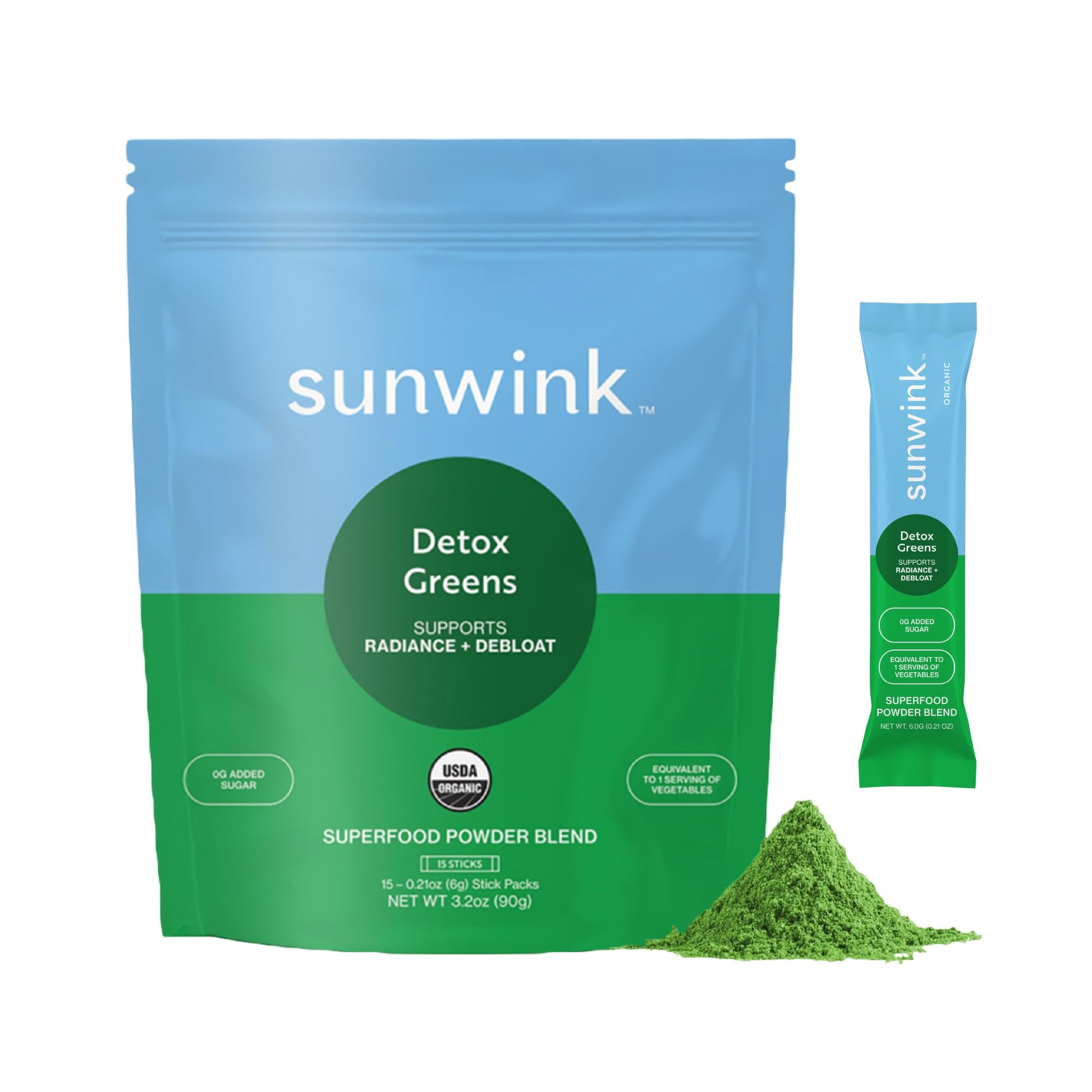 Sunwink Detox Greens Powder for Digestive Support, Plant-Based Superfoods & Adaptogens, Pack of 15