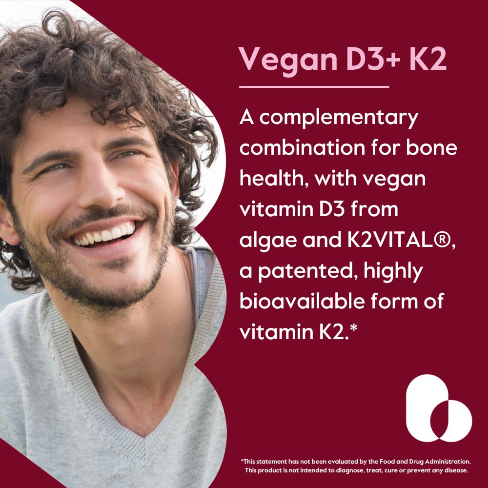 BESTVITE Vegan Vitamin D3 5000IU + Vitamin K2 100mcg as MK-7 Capsules, 120 Count
