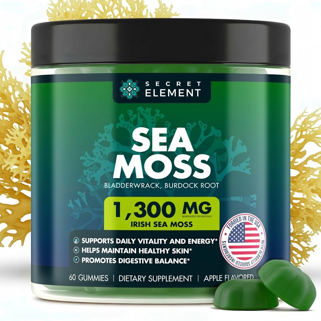 Secret Element Sea Moss Gummies with Bladderwrack & Burdock Root, Apple Flavor, 60 Gummies