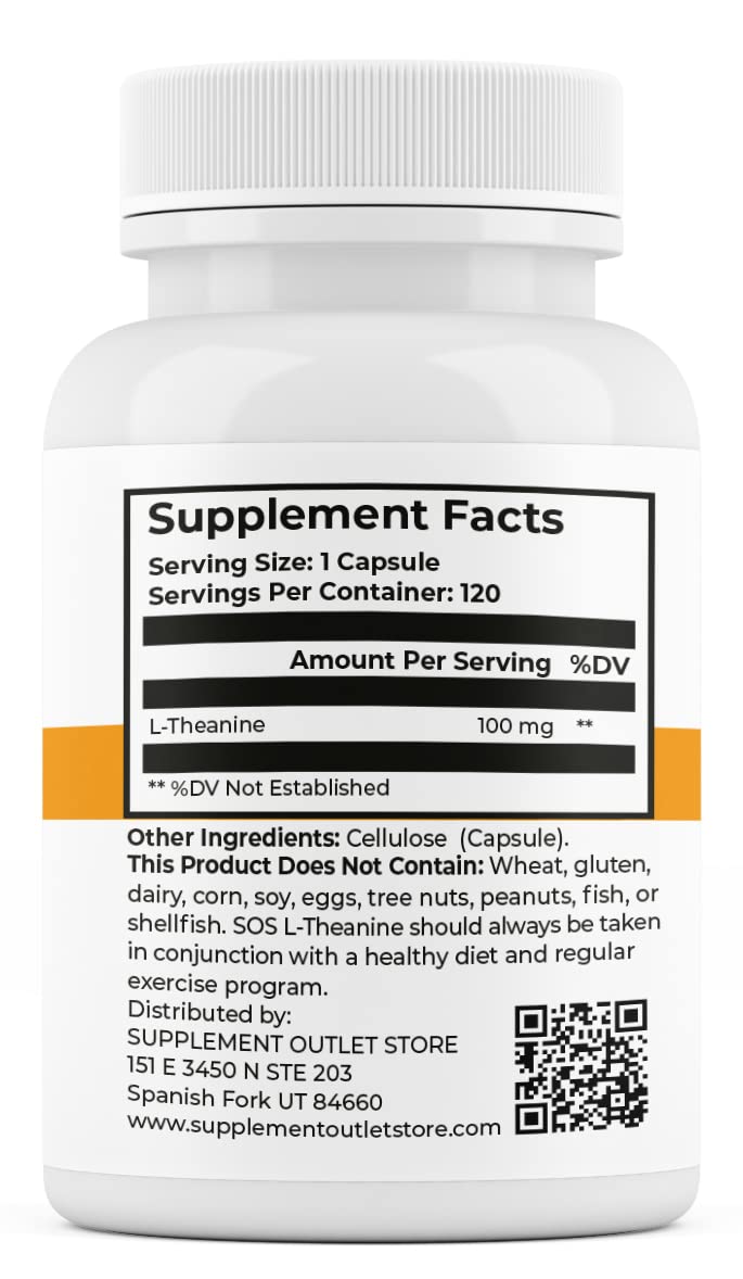 Supplement Outlet Store SOS L-Theanine Brain Support Focus Supplement 100mg Capsule, 120 Count
