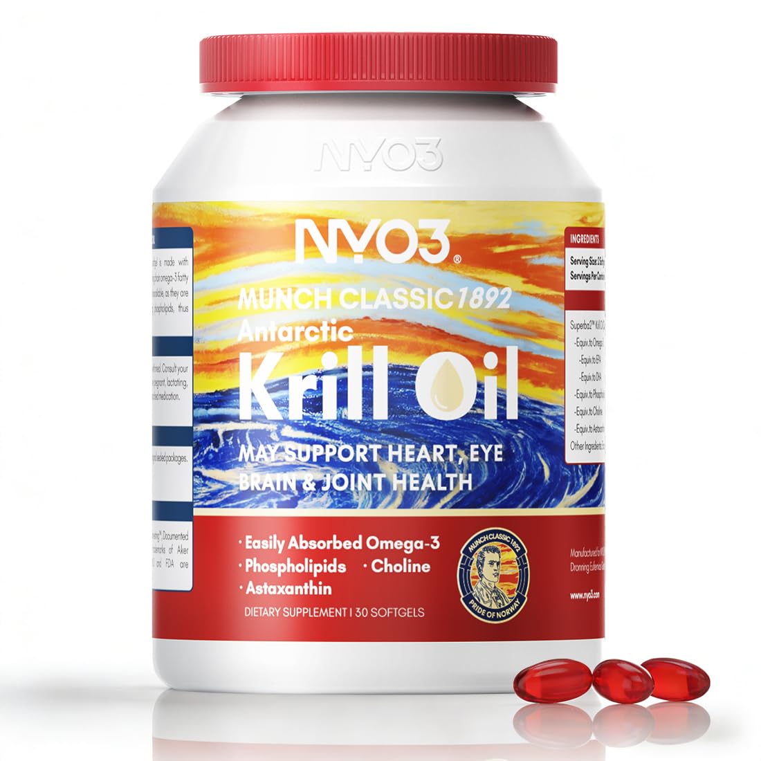 NYO3 100% Antarctic Krill Oil 850mg Omega-3 Supplement with Choline & Astaxanthin Softgels 30 Count